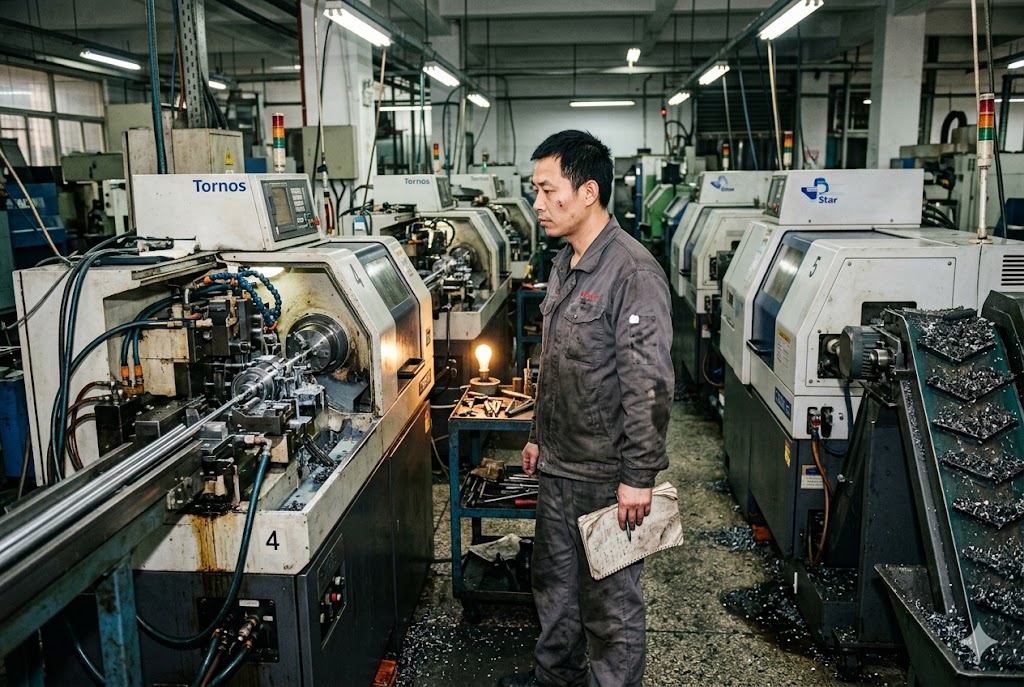 CNC Swiss Lathe Operation CNC operator monitoring Tornos Swiss lathe in Chinese parts factory (ID#2)