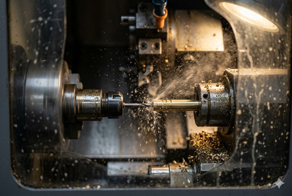 Precision CNC Turning Parts Close-up CNC turning brass custom mechanical part with metal shavings (ID#2)