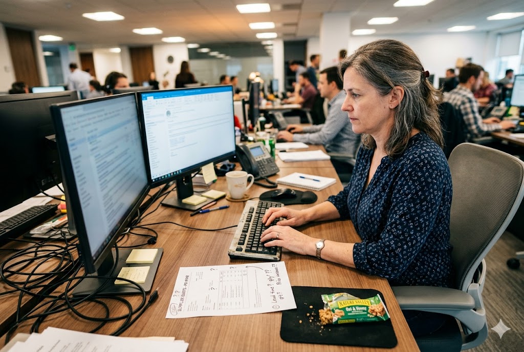 B2B Procurement Manager Working Purchasing manager sourcing custom mechanical parts via dual monitors in busy office (ID#2)
