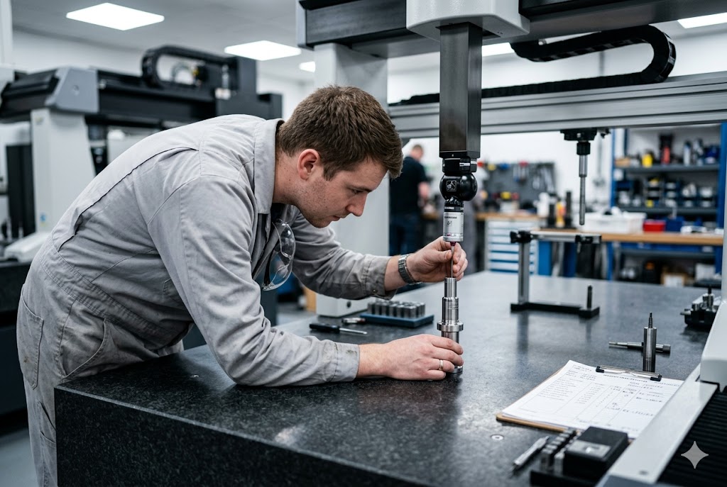 CMM Precision Parts Inspection Quality engineer using CMM to inspect precision custom mechanical part tolerance (ID#2)