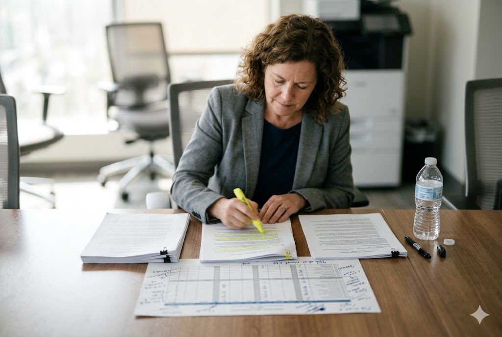 Supplier Contract Review Purchasing manager highlighting supplier contracts and project schedules at desk (ID#2)