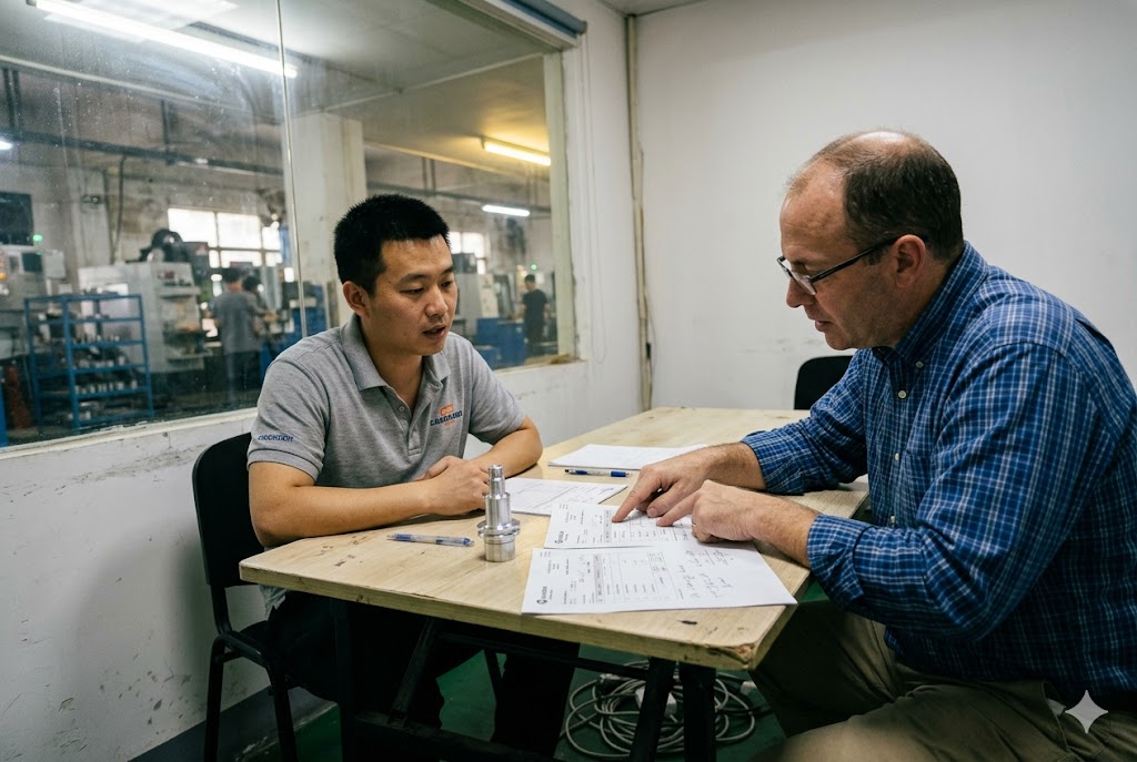 China Parts Supplier Audit China supplier engineer discussing custom mechanical parts specs with client (ID#2)