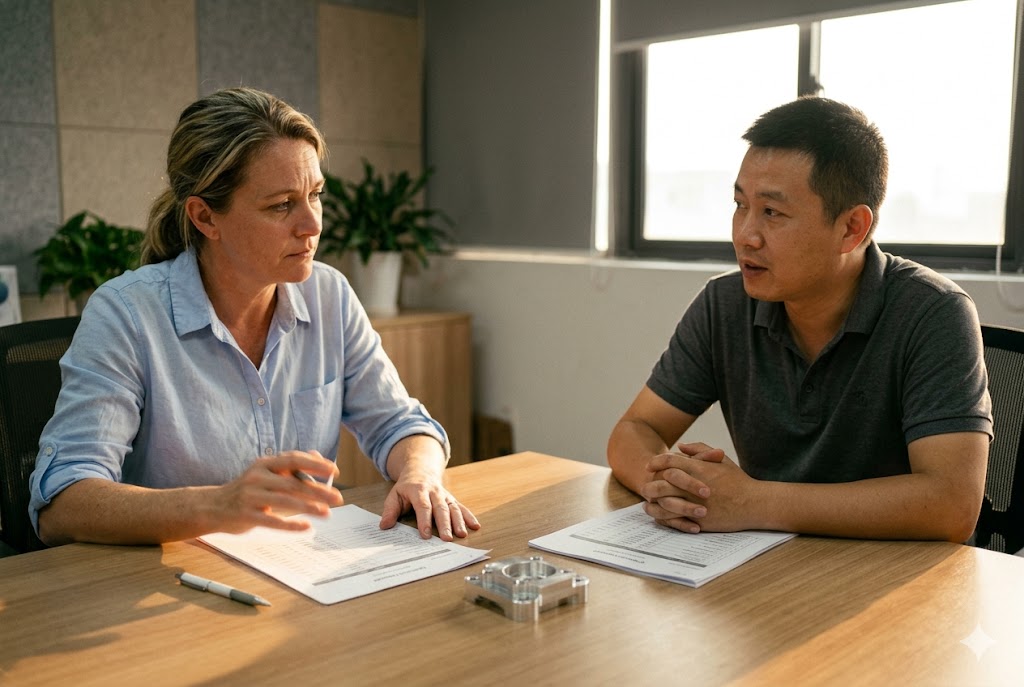 B2B Parts Sourcing Western buyer and Chinese supplier discussing custom mechanical parts contract (ID#2)