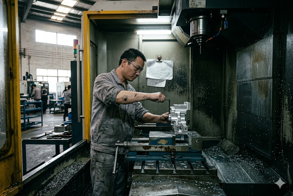 CNC Precision Parts Manufacturing CNC machinist operating precision milling machine for custom mechanical parts (ID#2)