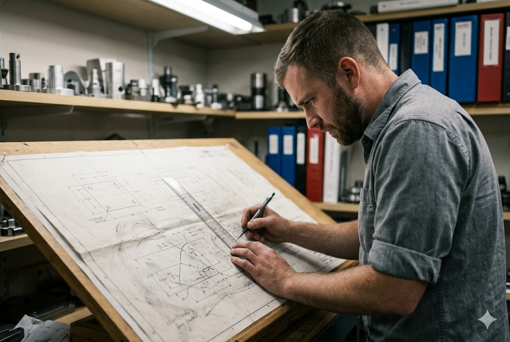 Custom Parts Engineering Mechanical engineer drafting precision custom part blueprints in workshop (ID#2)