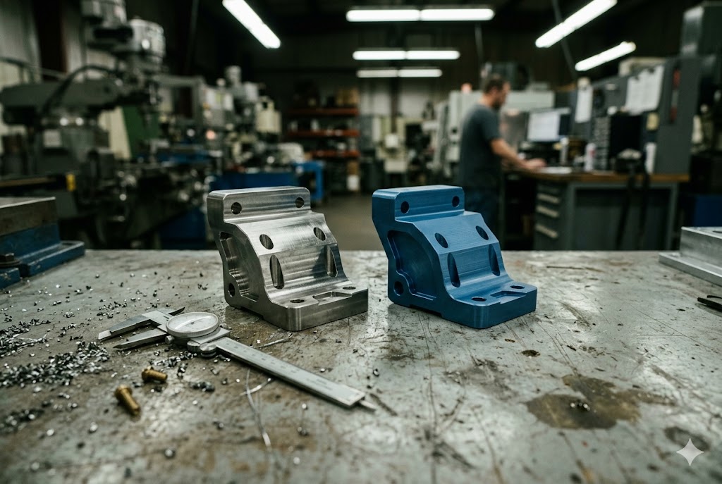 Custom CNC Machined Parts Raw and anodized custom CNC machined aluminum bracket parts in machine shop (ID#2)