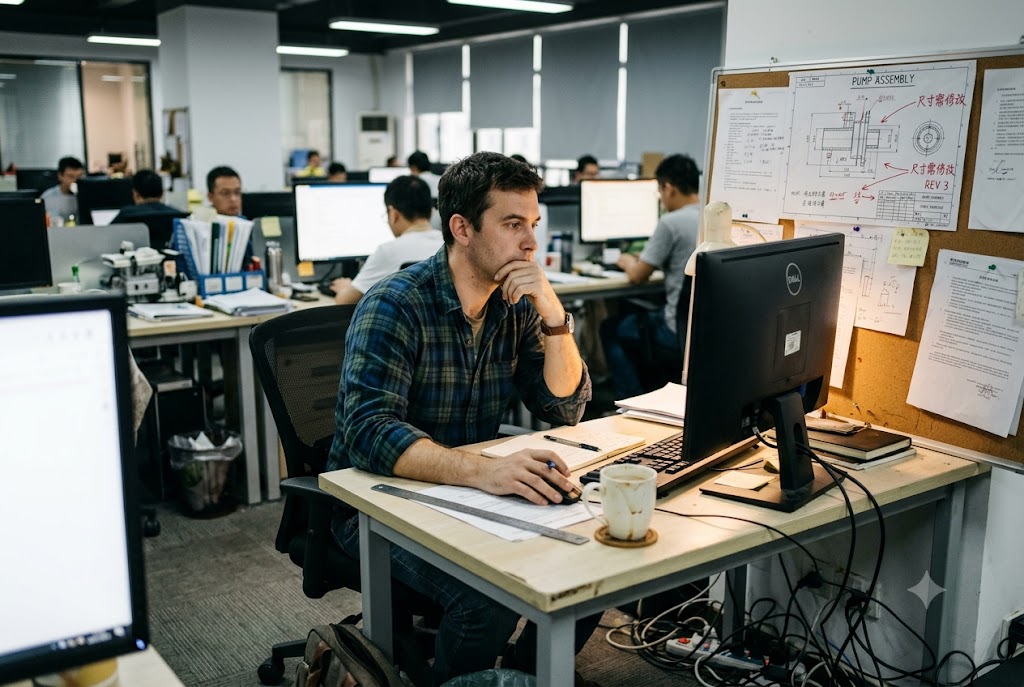 China Sourcing Project Management Project manager reviewing mechanical part drawings at China sourcing office desk (ID#2)