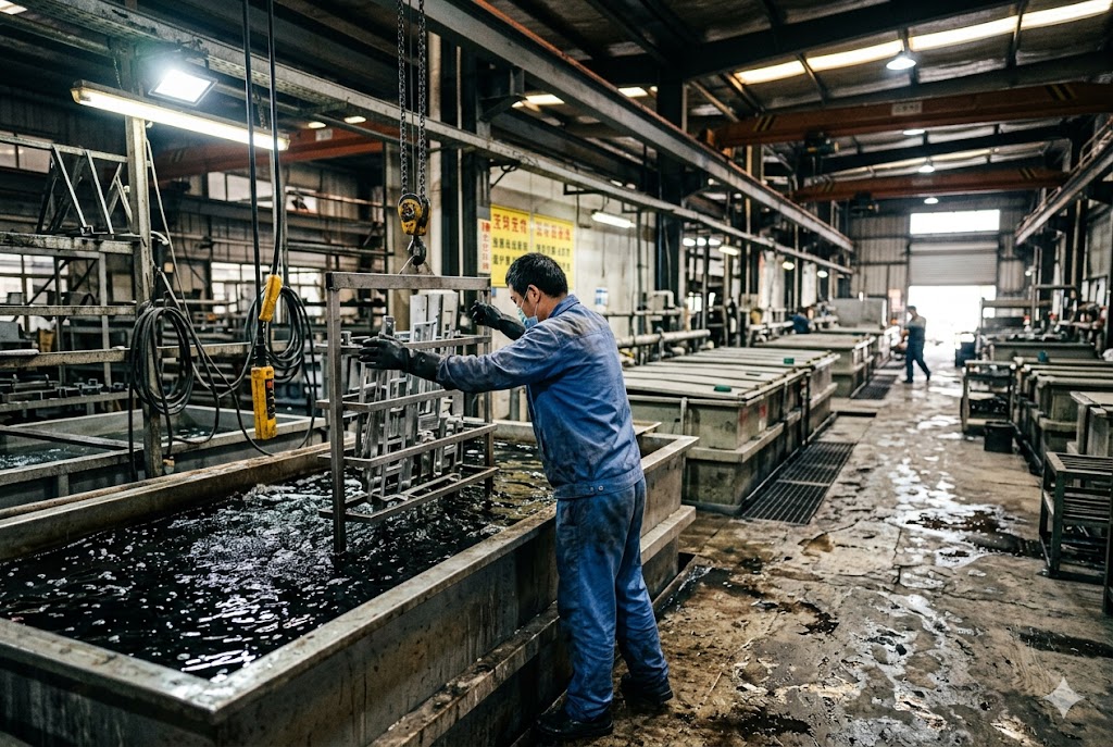 Metal Parts Surface Finishing Worker performs surface treatment on custom metal parts in China factory (ID#2)