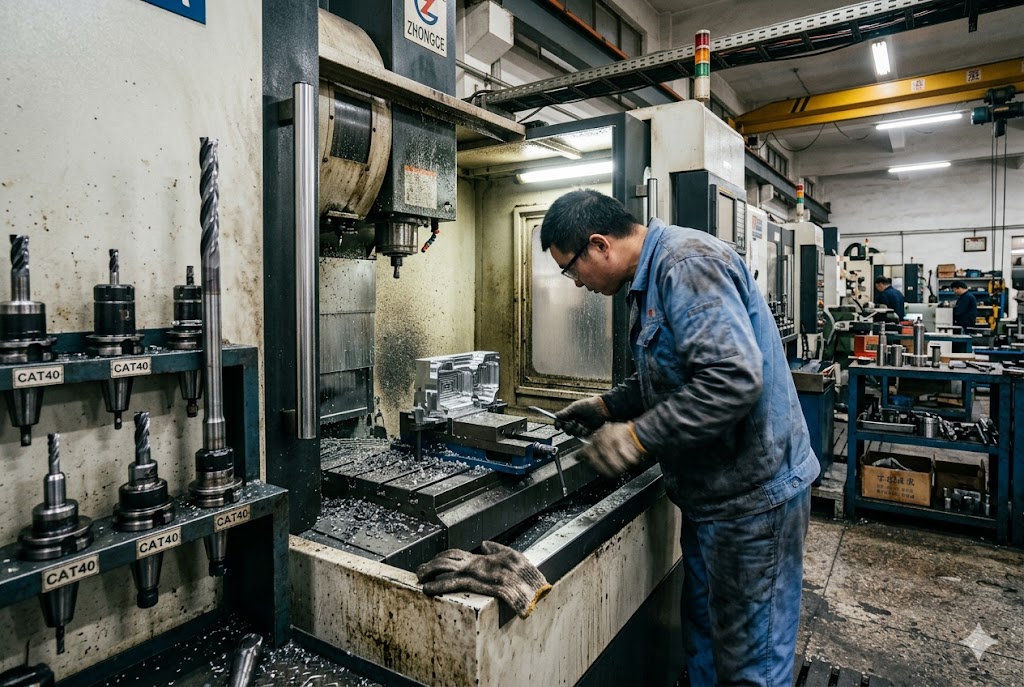 CNC Precision Machining China CNC machinist operating vertical milling machine for custom mechanical parts export (ID#2)
