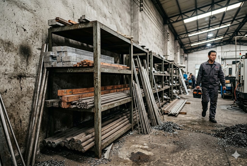 China Parts Factory Floor China mechanical parts factory worker walking past labeled raw material shelves (ID#2)