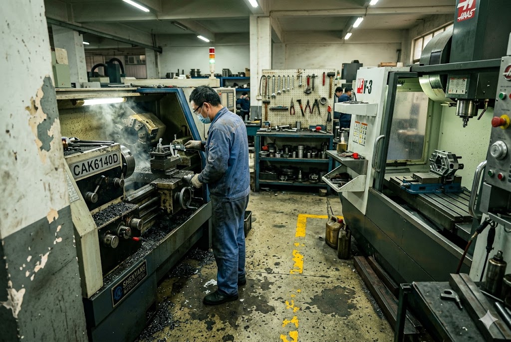 CNC Custom Parts Manufacturing CNC machinist operating lathe machine producing custom mechanical parts in China factory (ID#2)