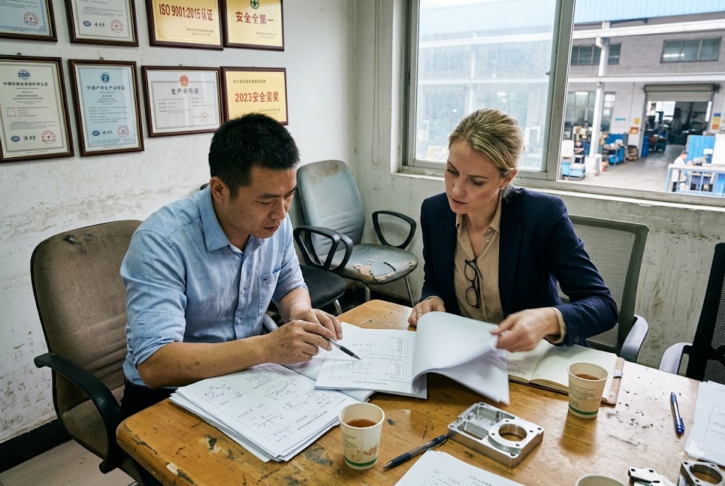 China Factory Audit Western buyer and Chinese supplier reviewing custom mechanical part drawings at certified factory (ID#2)