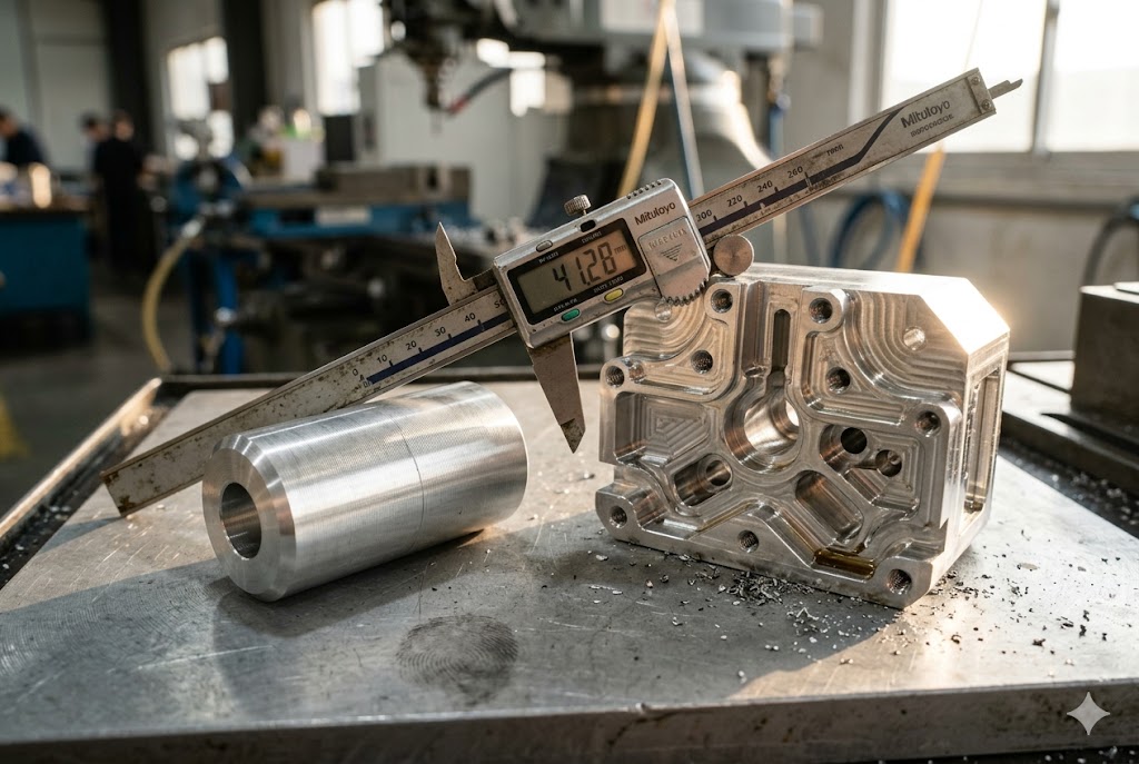 Custom CNC Parts QC Precision caliper measuring custom CNC machined aluminum parts in factory (ID#2)