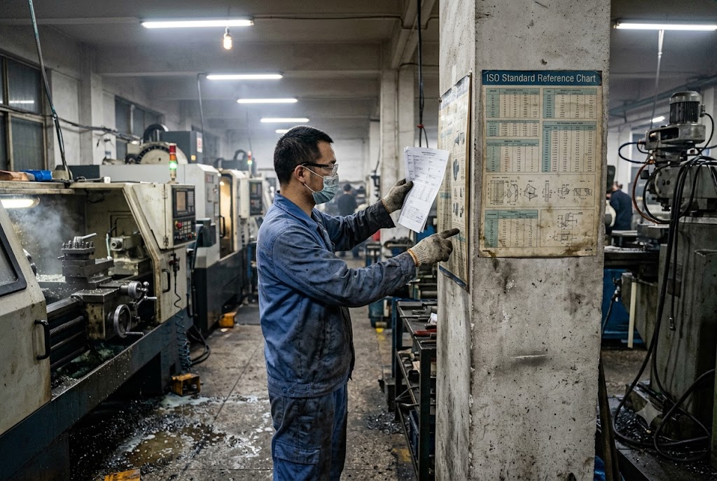 China CNC Factory Floor CNC machinist reviewing ISO drawings at China mechanical parts factory (ID#2)