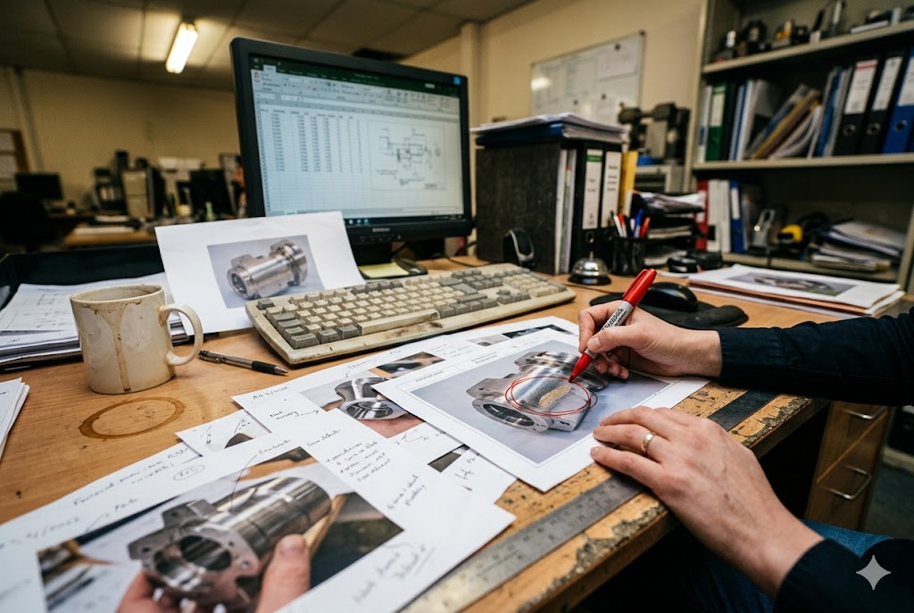 Mechanical Parts Quality Review Engineer annotating custom mechanical part photos during quality review at workshop desk (ID#2)