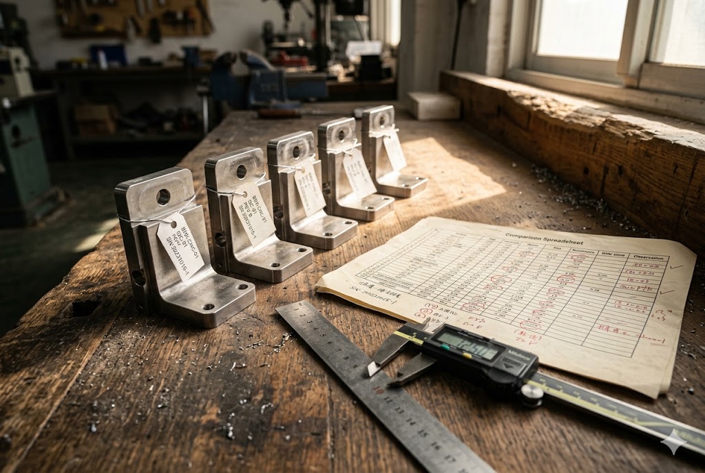 China Custom Parts Inspection Custom mechanical bracket parts with quality inspection report and digital caliper on workbench (ID#2)