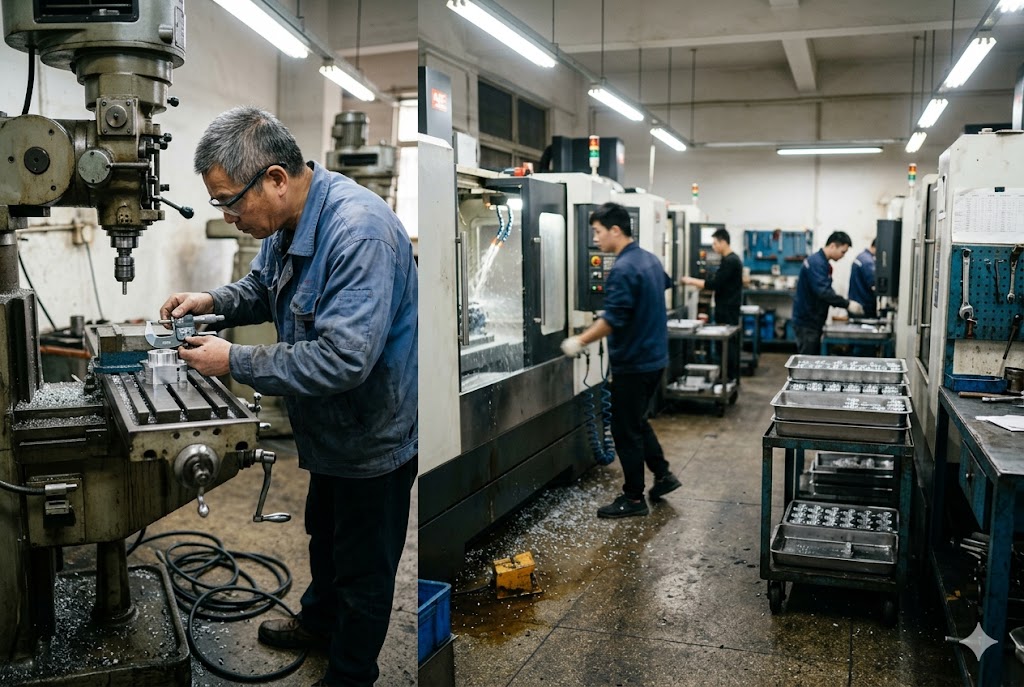 CNC Machining Factory Floor Workers operating CNC milling machines in custom mechanical parts factory (ID#2)