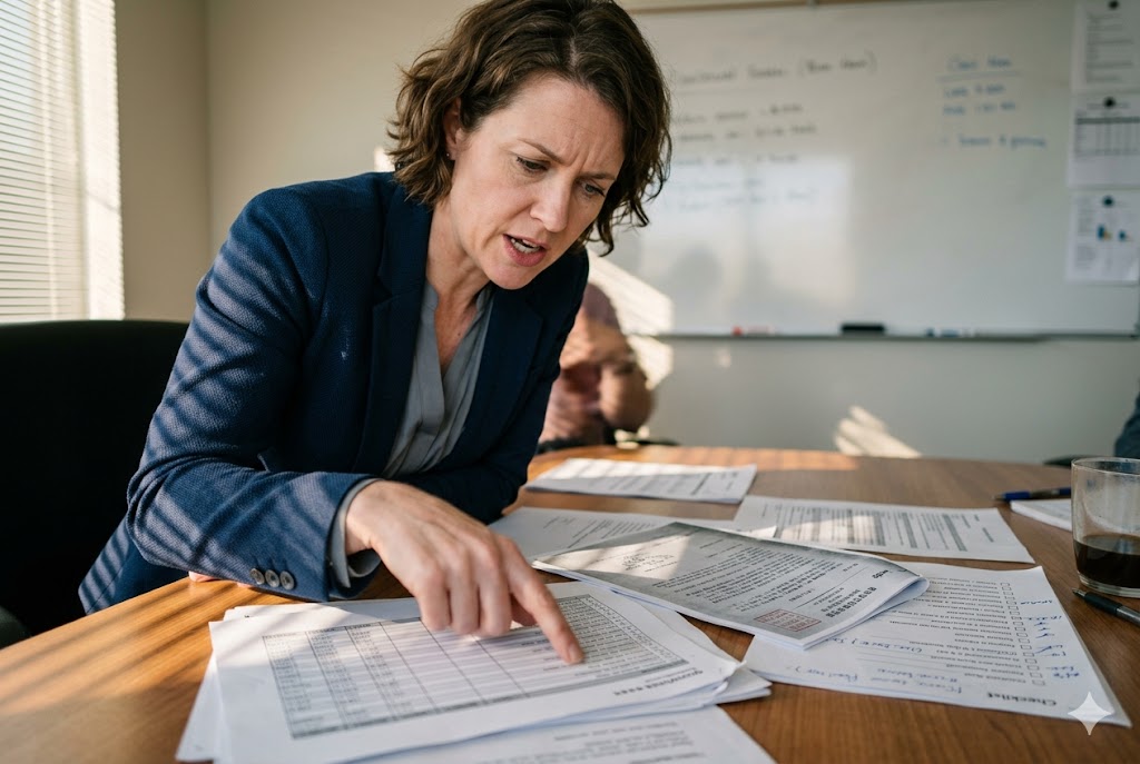 Supplier QC Review Frustrated purchasing manager reviewing supplier quality inspection checklists (ID#2)