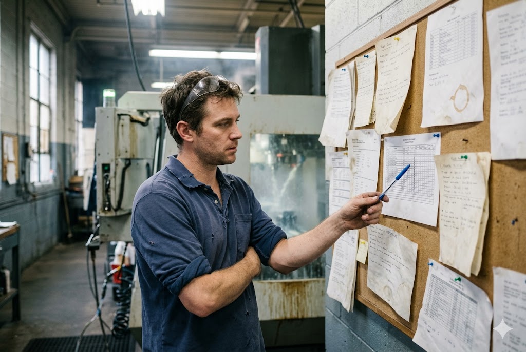 Production Floor Management Factory supervisor reviewing production schedule board for custom mechanical parts (ID#2)