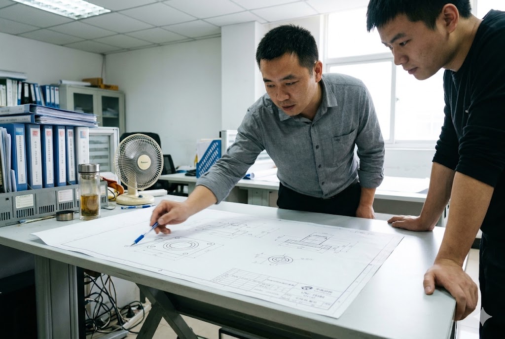 Engineering Blueprint Review Chinese engineers reviewing custom mechanical part blueprints for B2B export manufacturing (ID#2)