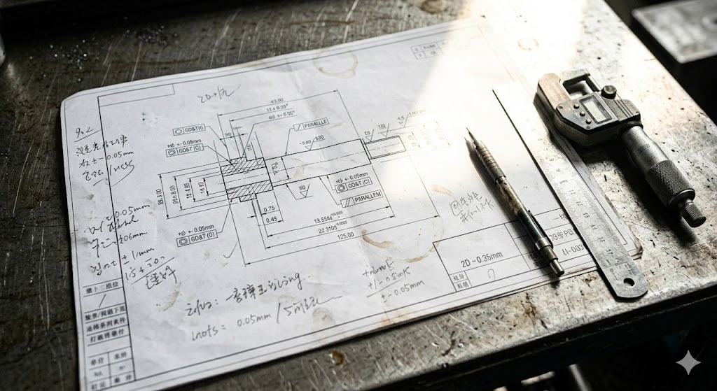 Precision Part Drawings Mechanical engineering drawing with GD&T tolerances and digital micrometer on workbench (ID#2)