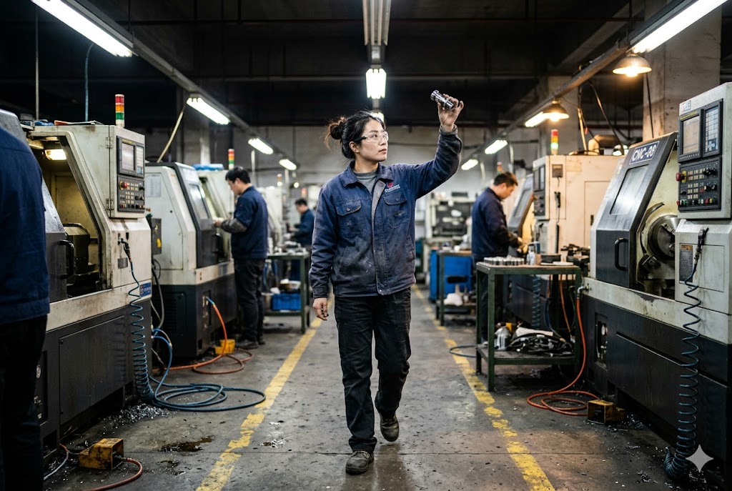 China Parts Pre-Shipment Check Quality inspector visually checking machined CNC part in China factory (ID#2)
