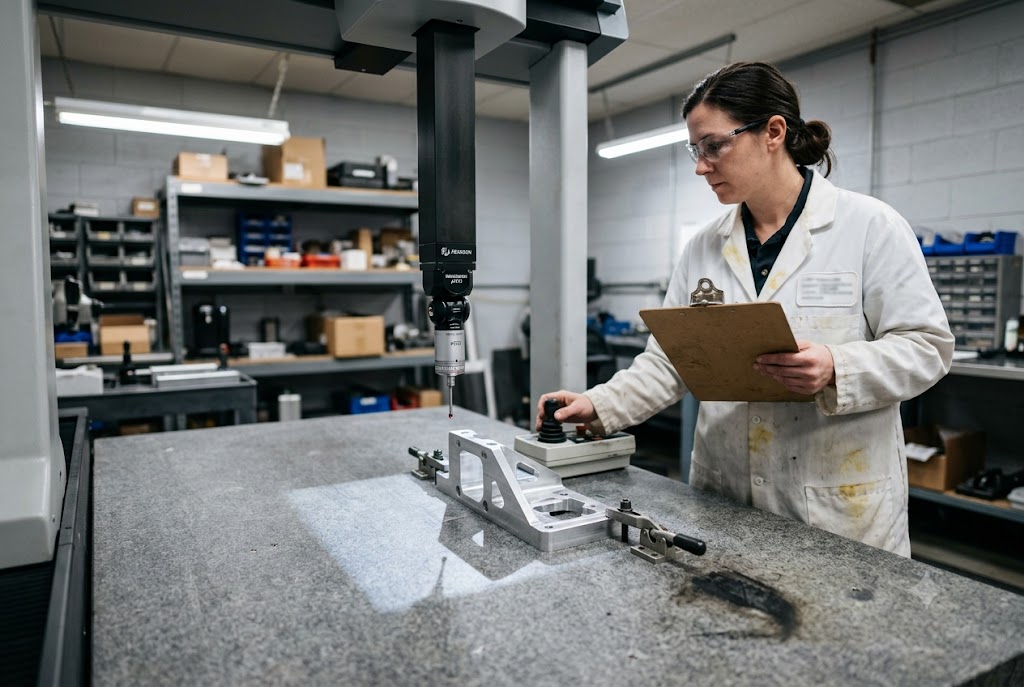 Precision CMM Quality Inspection QC engineer using CMM coordinate measuring machine on custom aluminum part (ID#2)