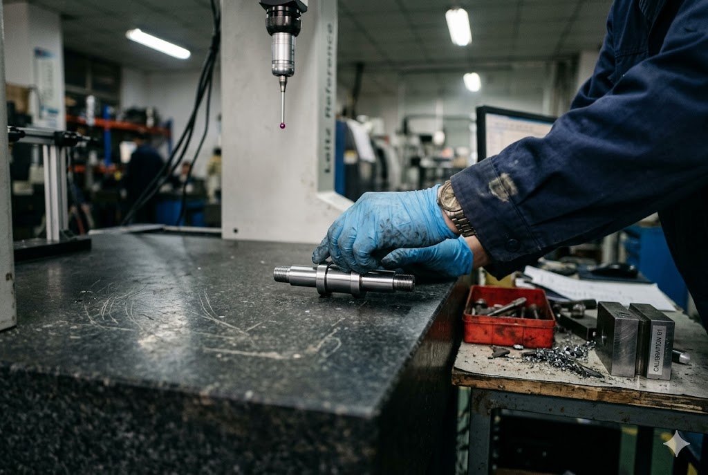 Precision Parts QC CMM technician inspecting precision machined shaft for quality control (ID#2)