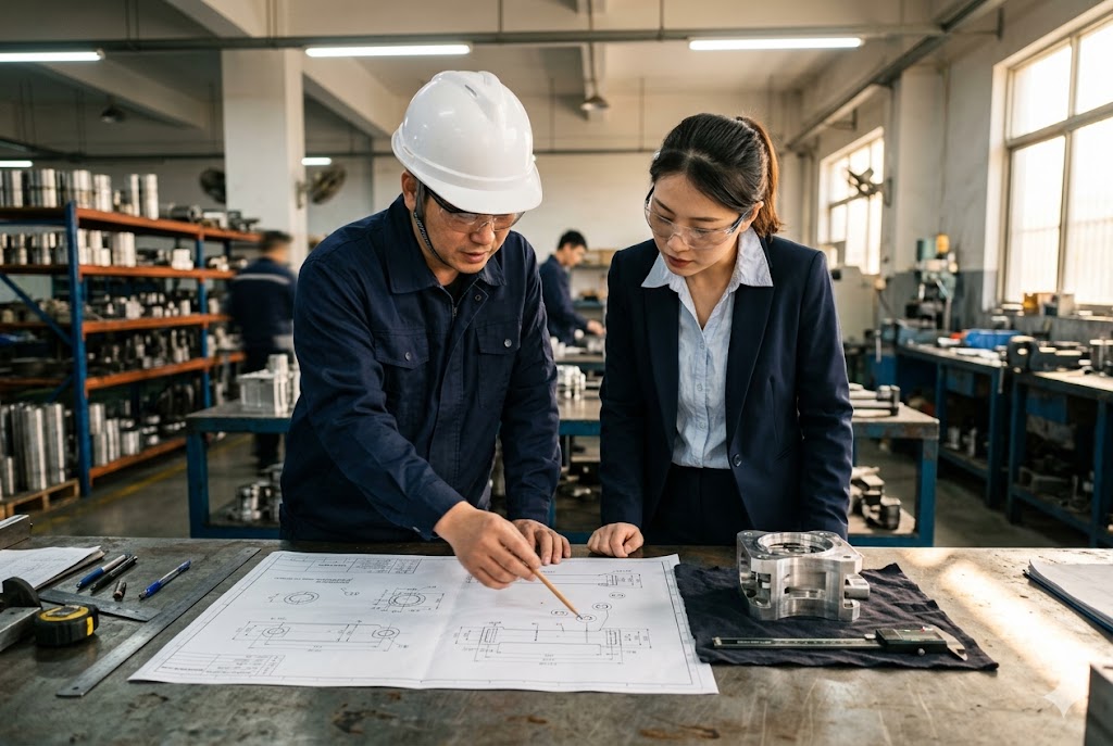 Custom Parts Engineering Review Engineer and quality manager reviewing custom mechanical part drawings in factory (ID#2)
