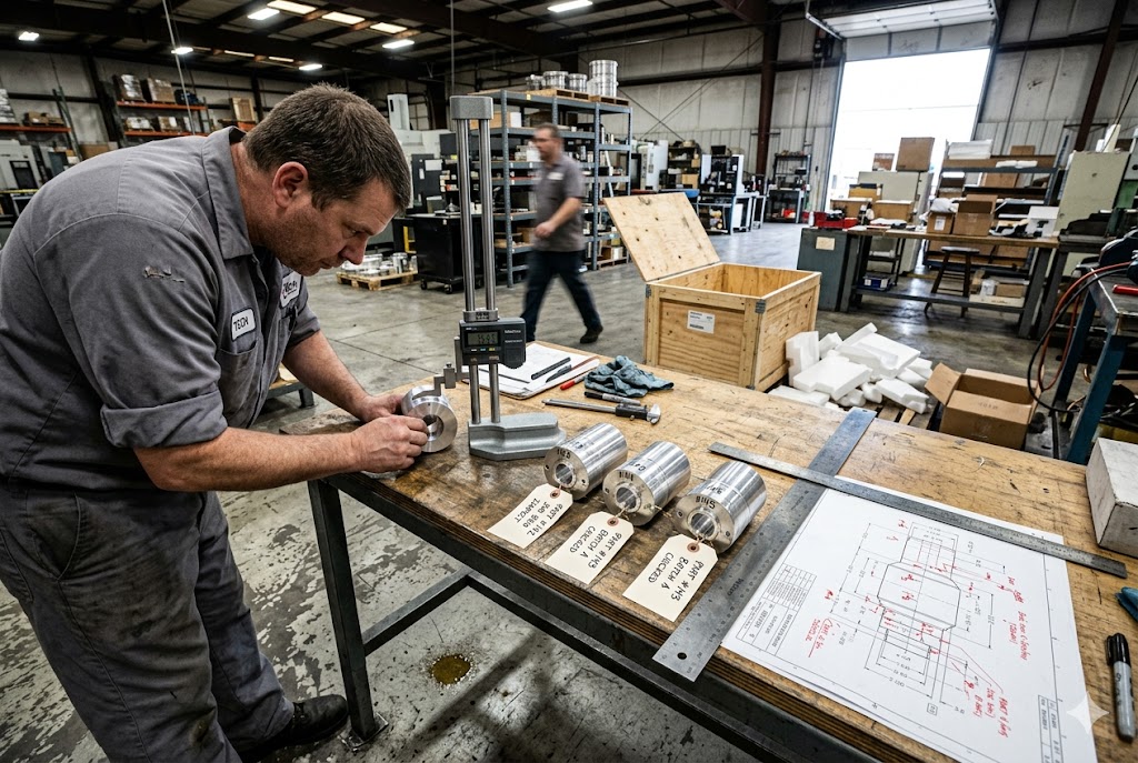 CNC Parts Quality Check Technician measuring custom CNC machined parts against engineering drawings (ID#2)