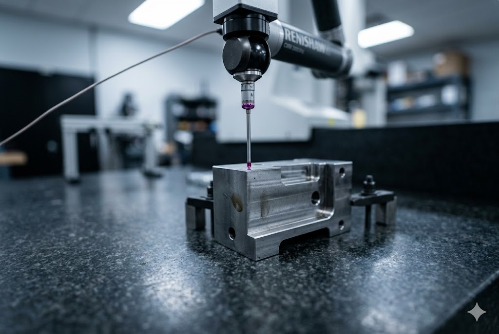 Precision CMM Inspection CMM Renishaw probe measuring tolerance of custom machined aluminum part (ID#3)