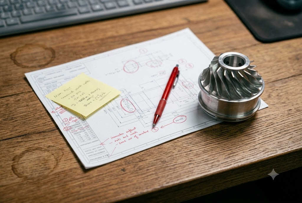 Custom CNC Part Review Custom CNC machined bevel gear beside annotated engineering drawing for B2B sourcing (ID#3)
