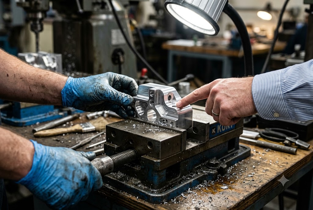 Precision Part Quality Review Engineer and manager inspecting custom CNC aluminum part at workshop (ID#3)