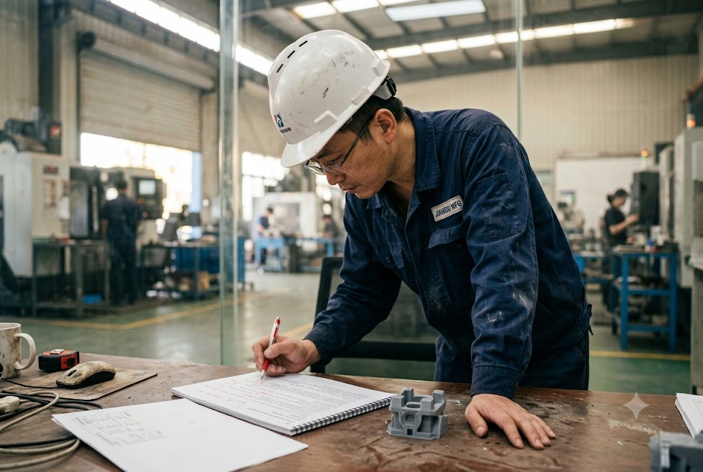 Factory Quality Audit China Factory quality engineer documenting custom mechanical part inspection report on floor (ID#3)