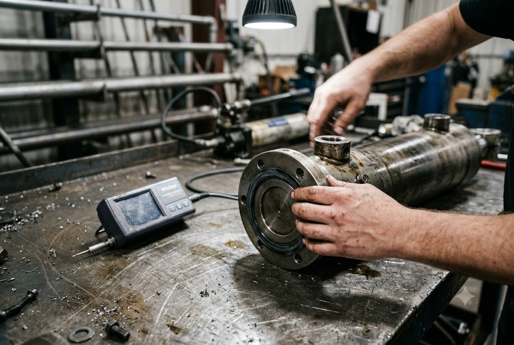 Custom Mechanical Part Assembly Technician assembling custom flanged cylinder mechanical part with precision gauge (ID#3)