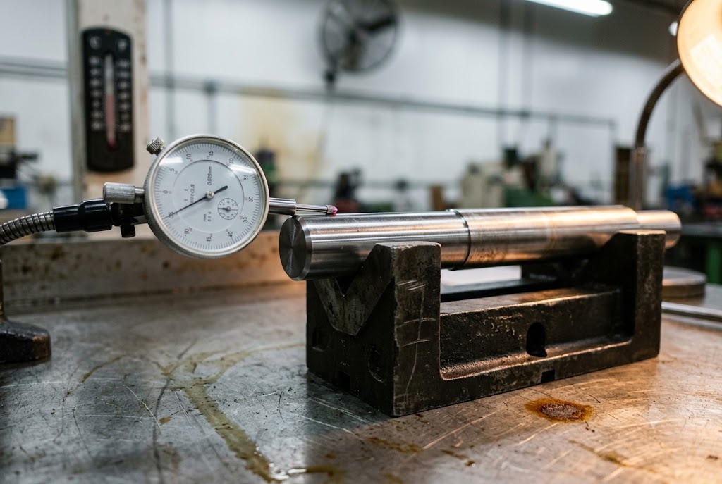 Shaft Tolerance Precision Check Dial indicator measuring cylindrical shaft tolerance on V-block in machine shop (ID#3)