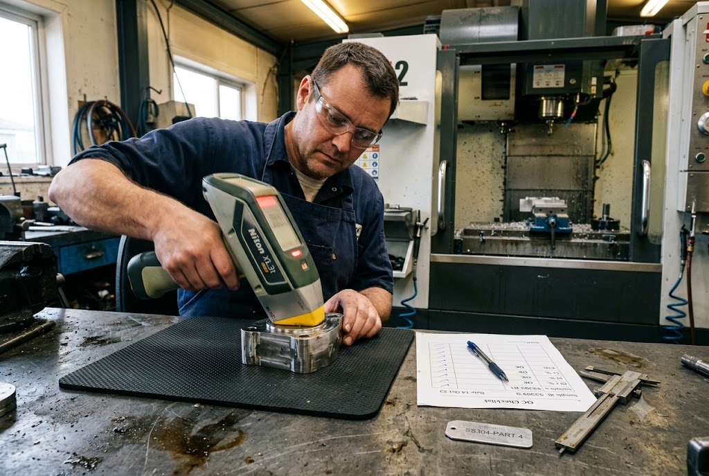 CNC Part QC Inspection Quality control technician using XRF analyzer on CNC-machined custom metal part (ID#3)