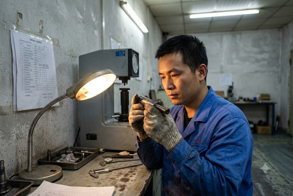 Precision Parts Quality Inspection Quality inspector examining custom machined metal part under lamp (ID#3)