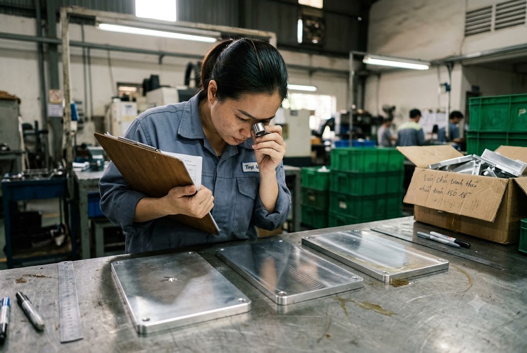 Factory Quality Inspection Quality inspector examining custom machined aluminum parts with loupe in factory (ID#3)