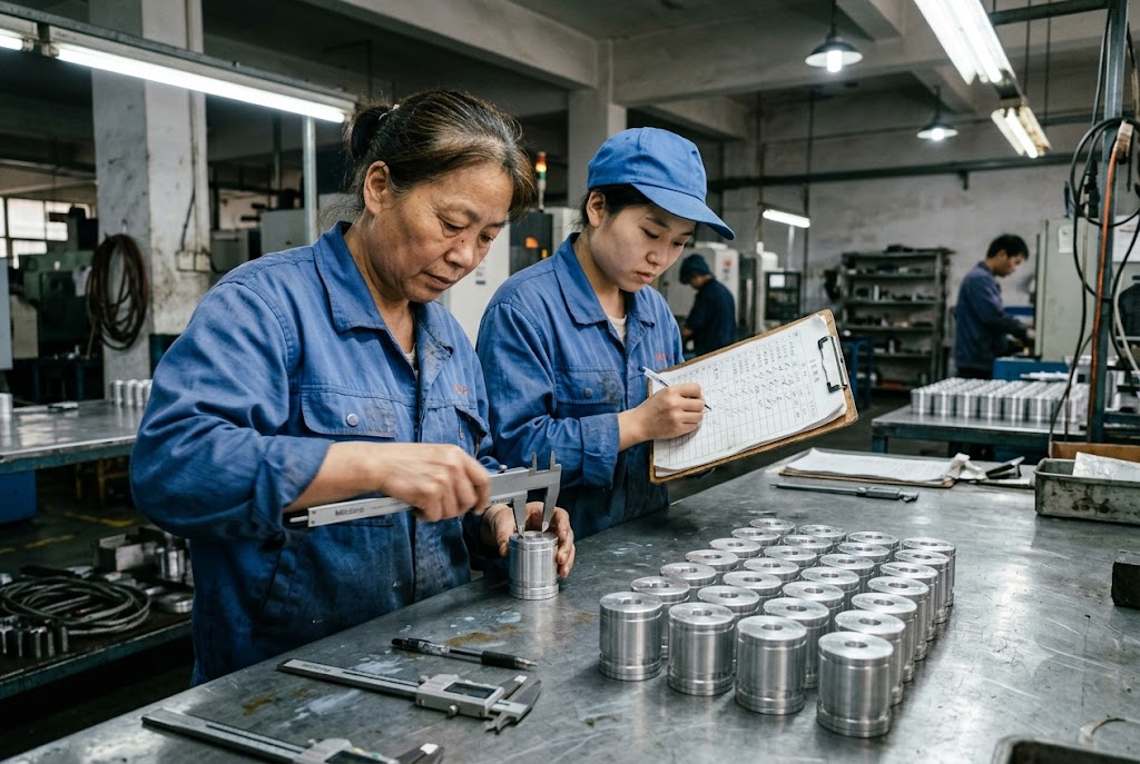 China CNC Parts Manufacturing Chinese factory workers inspecting custom CNC machined aluminum parts (ID#3)