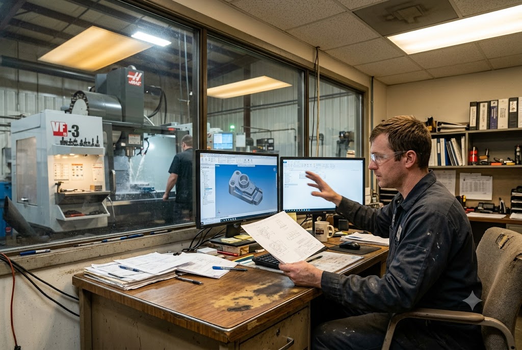 CNC Machining Project Control CNC machinist reviewing 3D CAD model and technical drawings beside Haas milling machine (ID#3)