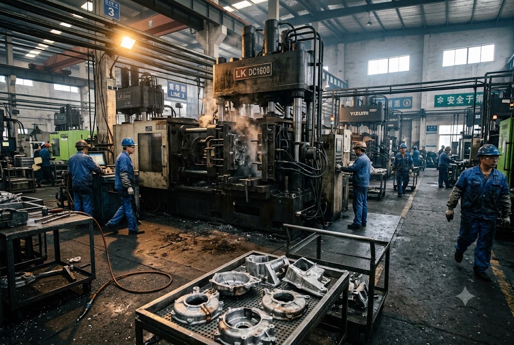 China Die Casting Factory Workers operating LK DC1600 die casting machine in Chinese mechanical parts factory (ID#3)