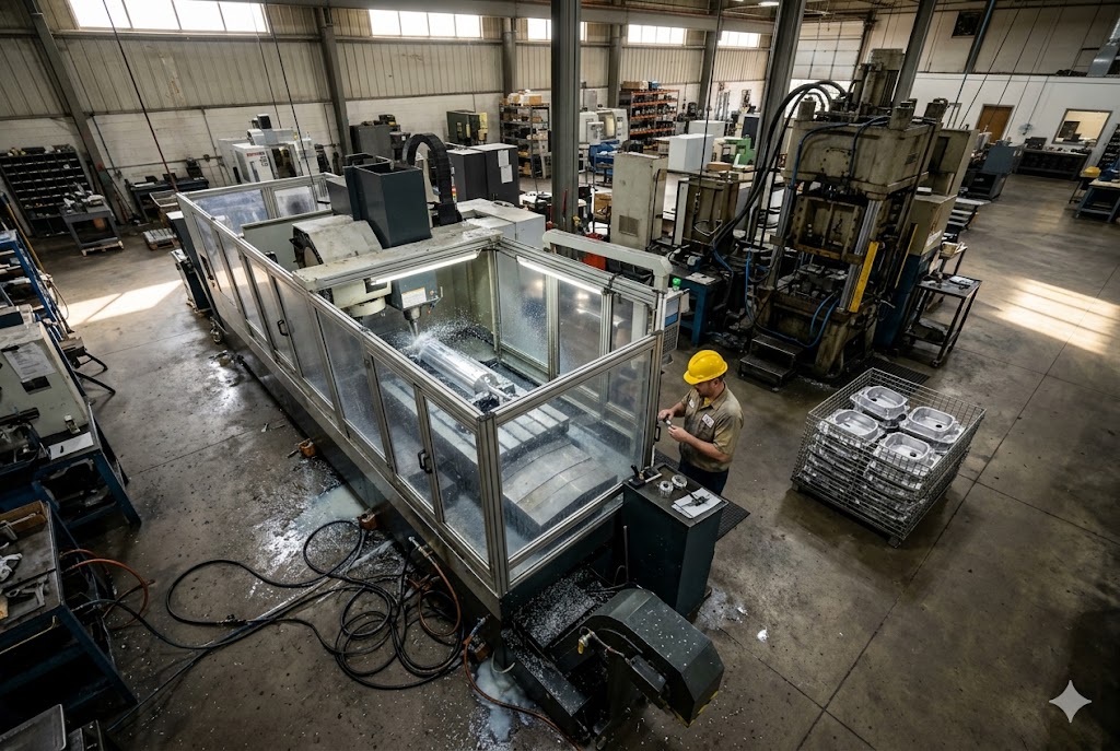 CNC Machining Facility Tour Worker operating large CNC machining center in custom parts manufacturing facility (ID#3)