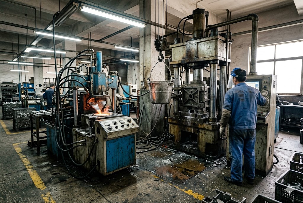 China Factory Casting Workers operating metal casting press in Chinese manufacturing facility (ID#3)