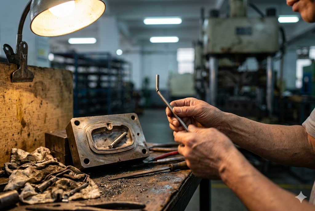 Custom Mold Hand Finishing Skilled technician hand-finishing custom injection mold part under workshop lamp (ID#3)