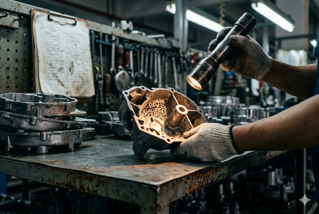 Cast Part Quality Inspection Quality inspector using flashlight to examine custom cast mechanical housing defects (ID#3)