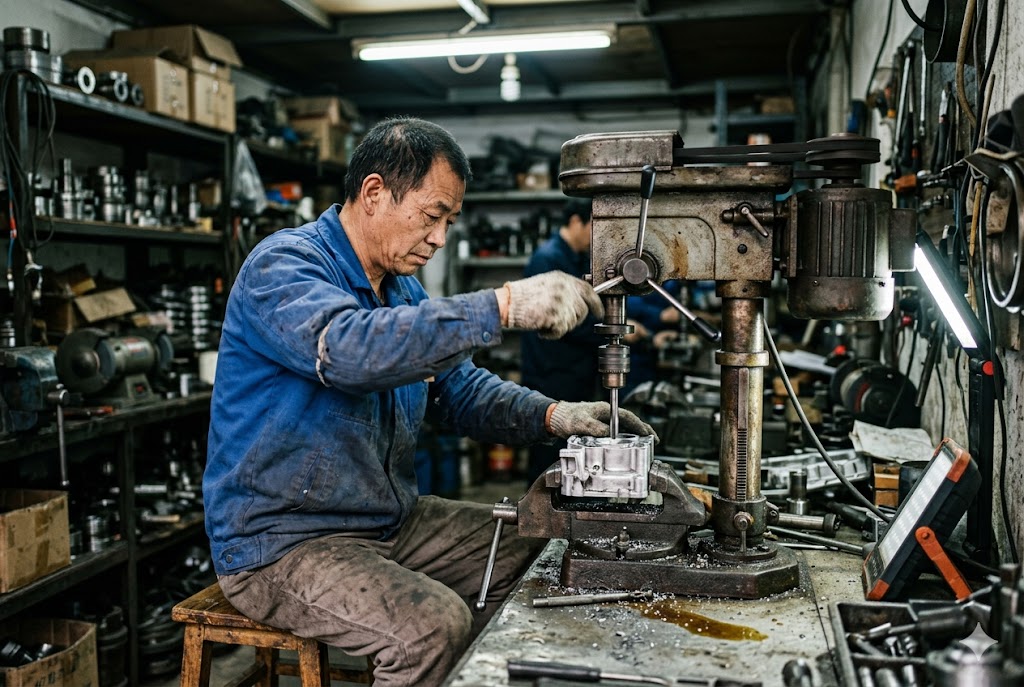 Custom Parts Workshop China Experienced machinist drilling custom mechanical component in workshop (ID#3)