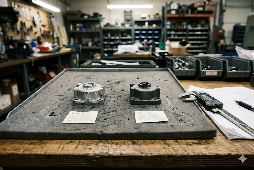 Custom Cast Parts Inspection Two custom cast mechanical parts labeled A and B with calipers for inspection (ID#3)