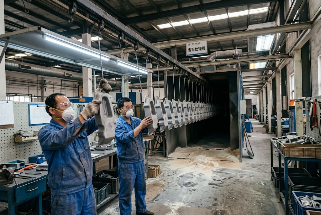 China Surface Treatment Line Factory workers loading custom metal parts onto surface treatment conveyor line (ID#3)
