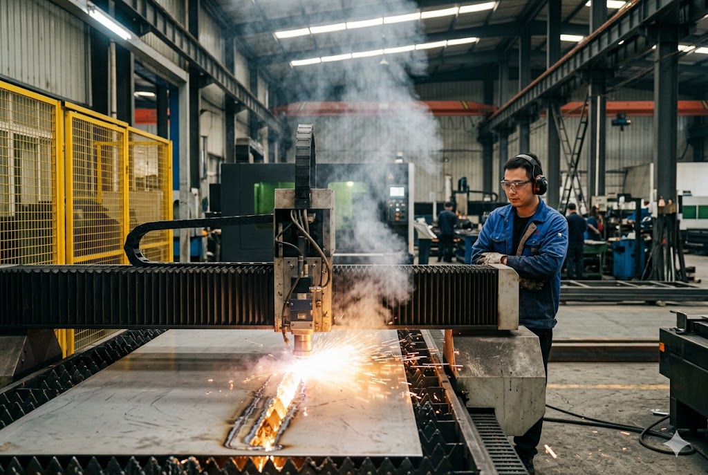 CNC Laser Cutting Process Factory worker operating CNC plasma laser cutter for custom mechanical parts (ID#3)
